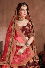 Maroon Floral Embroidered Lehenga Choli with Pink Dupatta
