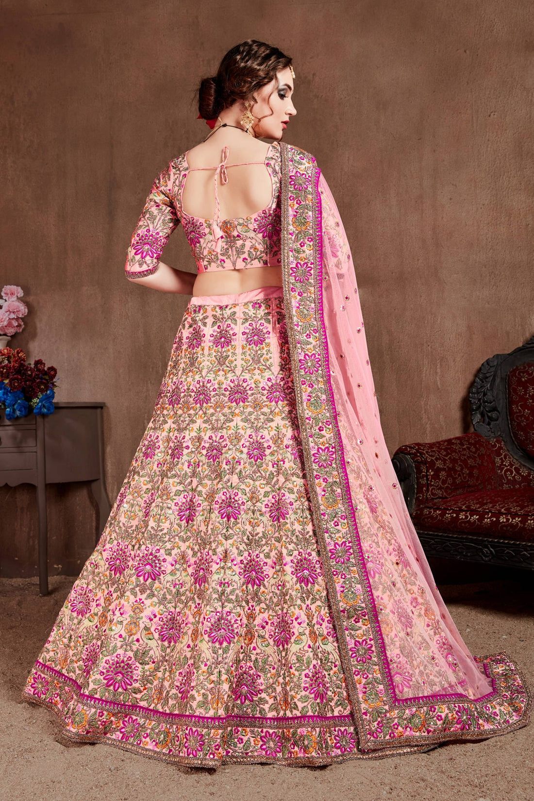 Pastel Pink Floral Embroidered Bridal Lehenga Choli with Matching Dupatta