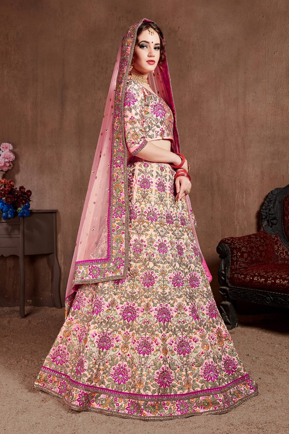 Pastel Pink Floral Embroidered Bridal Lehenga Choli with Matching Dupatta