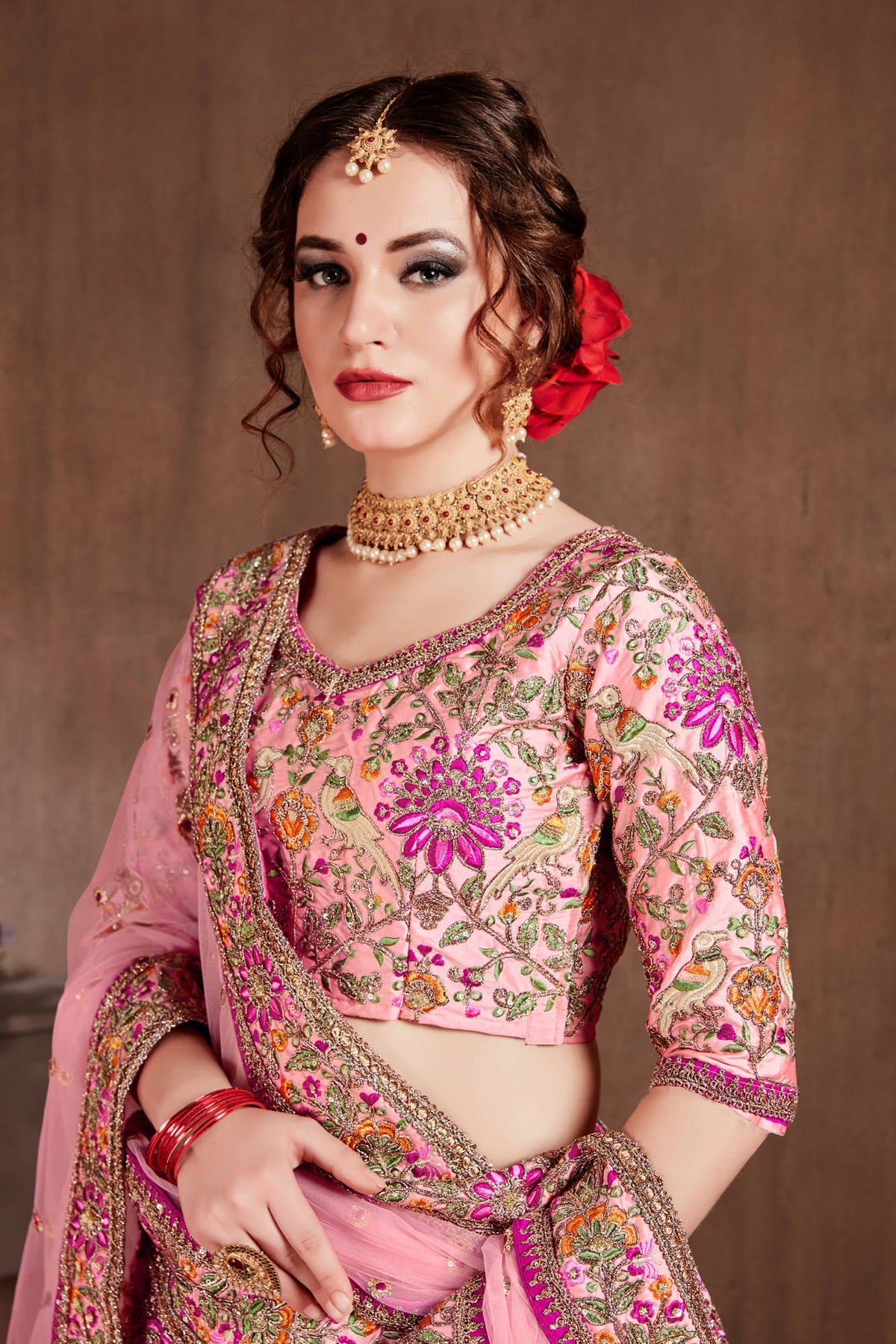 Pastel Pink Floral Embroidered Bridal Lehenga Choli with Matching Dupatta