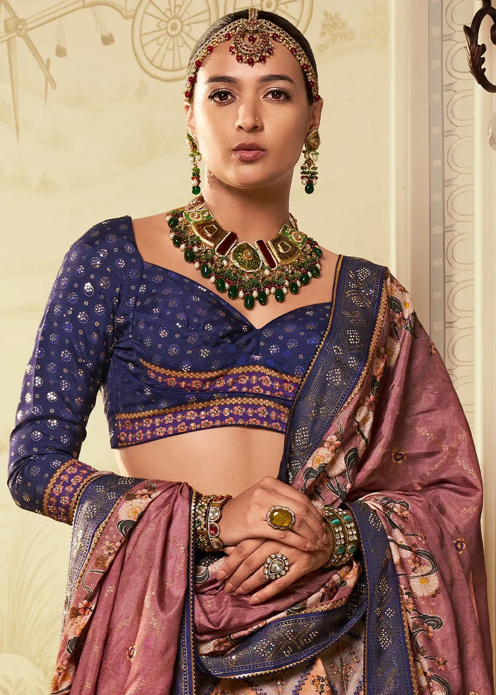Navy Blue & Dusty Rose Banarasi Silk Zari Lehenga Choli