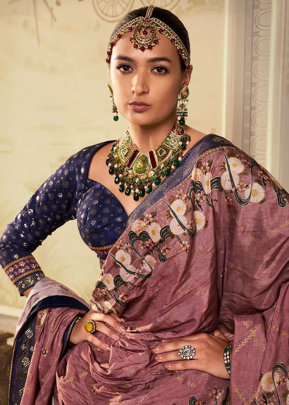 Navy Blue & Dusty Rose Banarasi Silk Zari Lehenga Choli