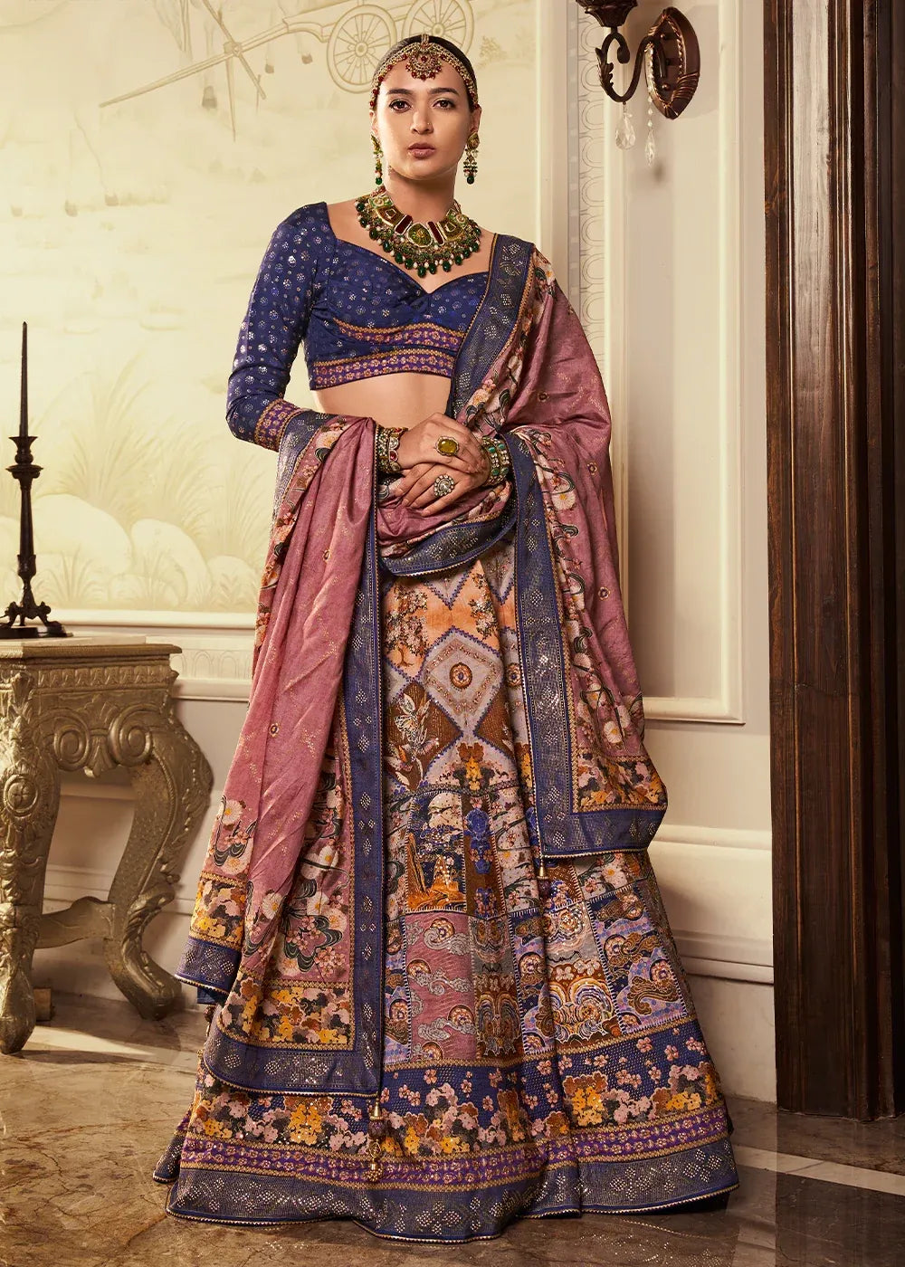 Navy Blue & Dusty Rose Banarasi Silk Zari Lehenga Choli
