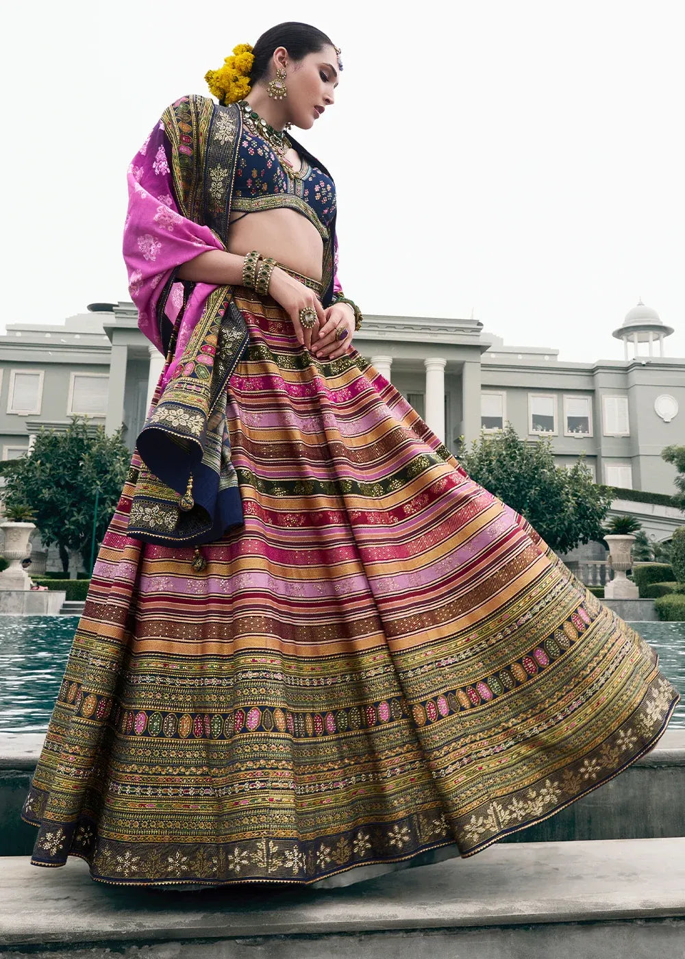 Navy Blue & Purple Banarasi Silk Zari Lehenga Choli