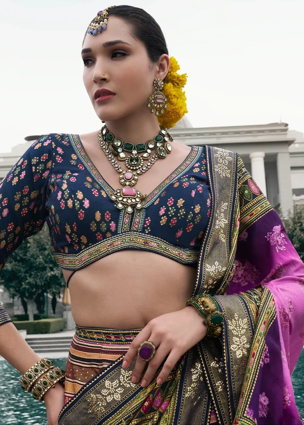 Navy Blue & Purple Banarasi Silk Zari Lehenga Choli