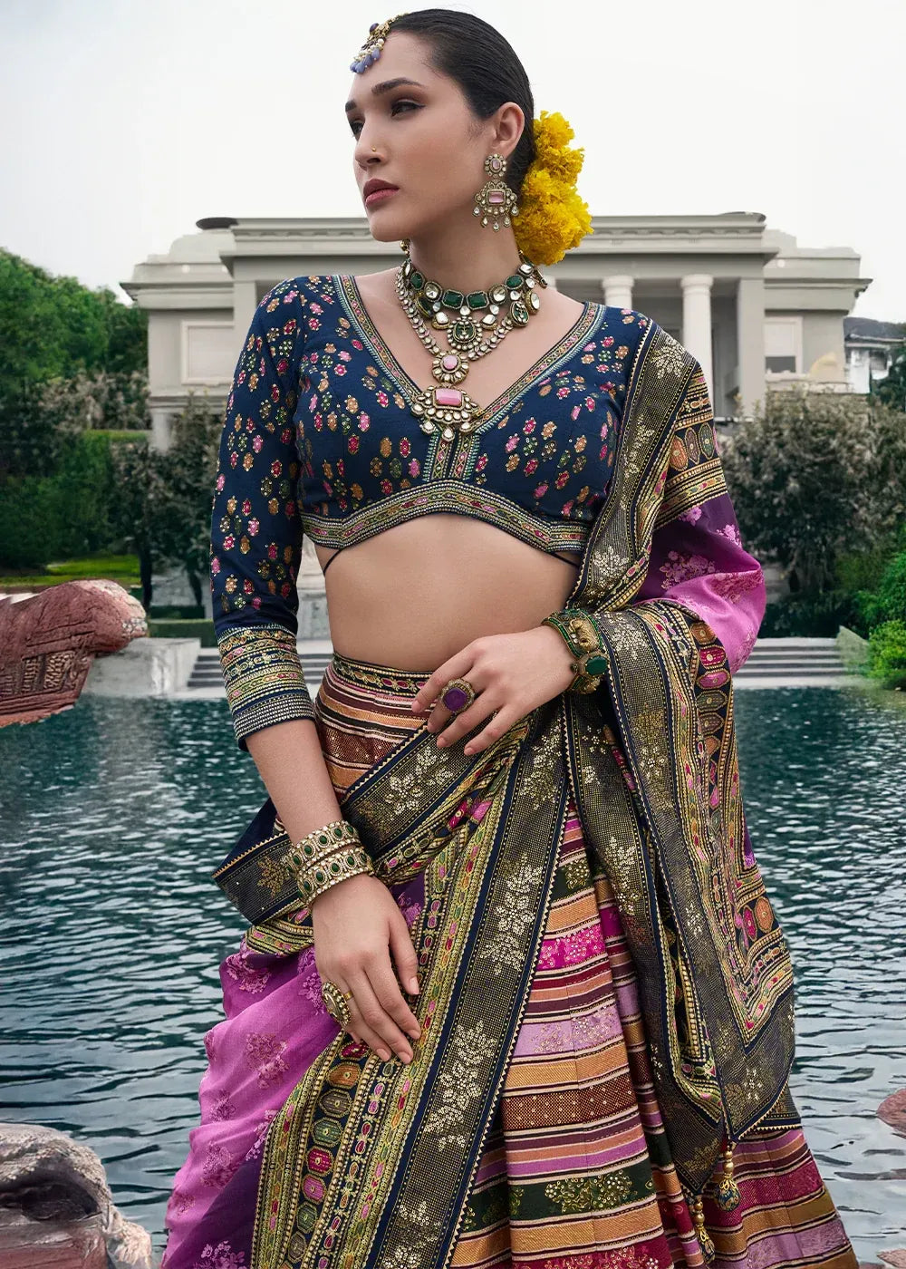 Navy Blue & Purple Banarasi Silk Zari Lehenga Choli