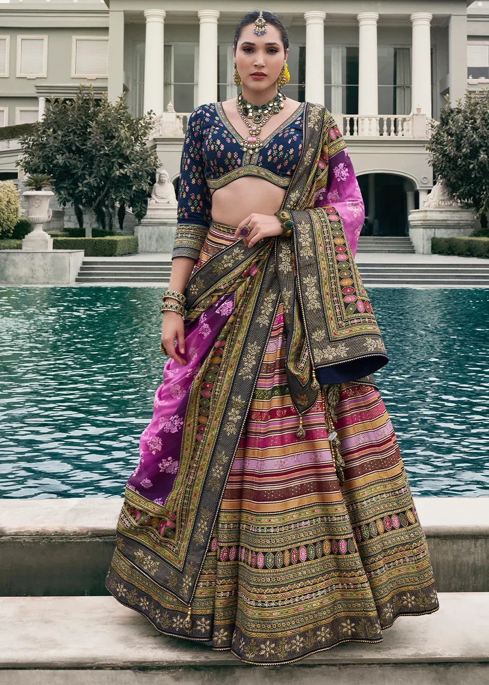 Navy Blue & Purple Banarasi Silk Zari Lehenga Choli