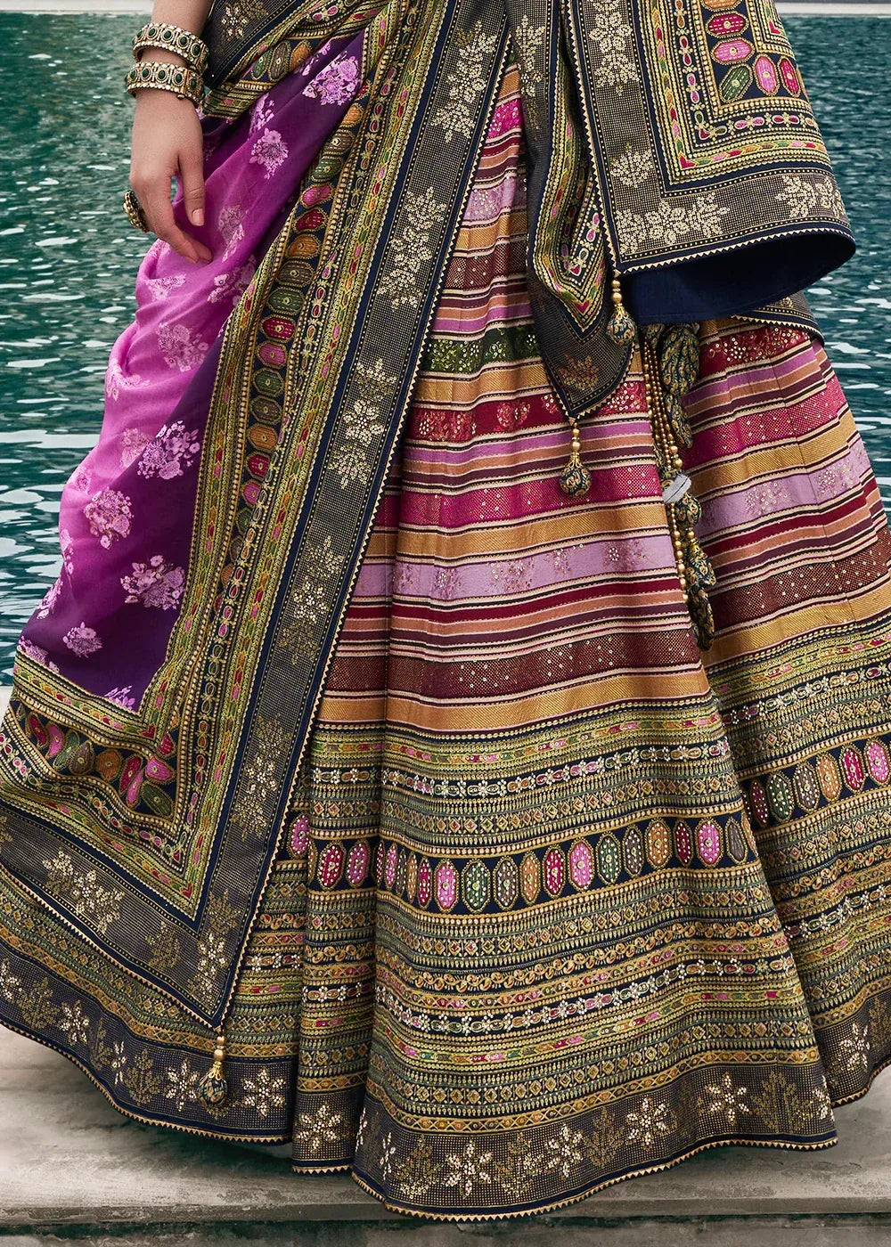 Navy Blue & Purple Banarasi Silk Zari Lehenga Choli