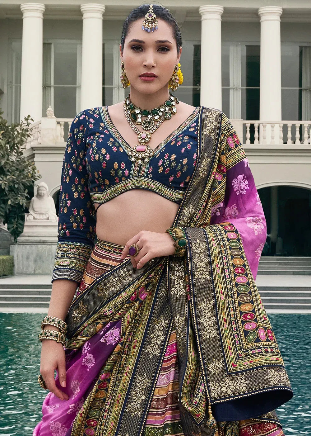 Navy Blue & Purple Banarasi Silk Zari Lehenga Choli