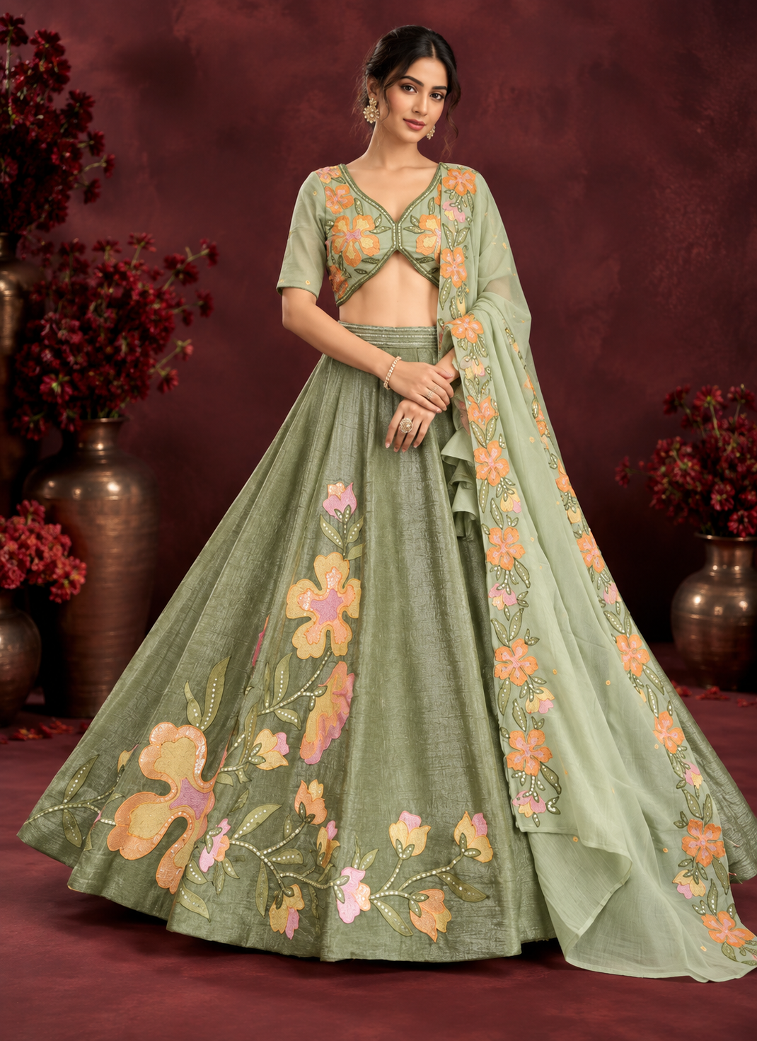 Pista Green Fendi Silk Lehenga Choli with Beads Sequin & Thread Embroidery