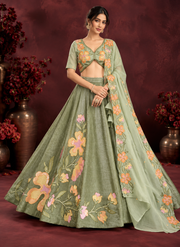 Pista Green Fendi Silk Lehenga Choli with Beads Sequin & Thread Embroidery