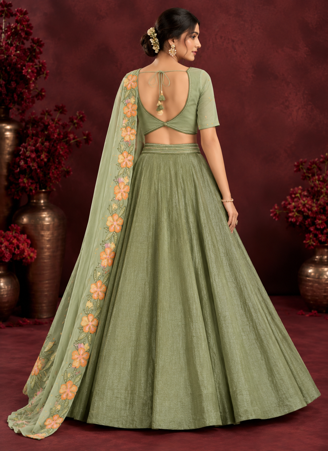 Pista Green Fendi Silk Lehenga Choli with Beads Sequin & Thread Embroidery