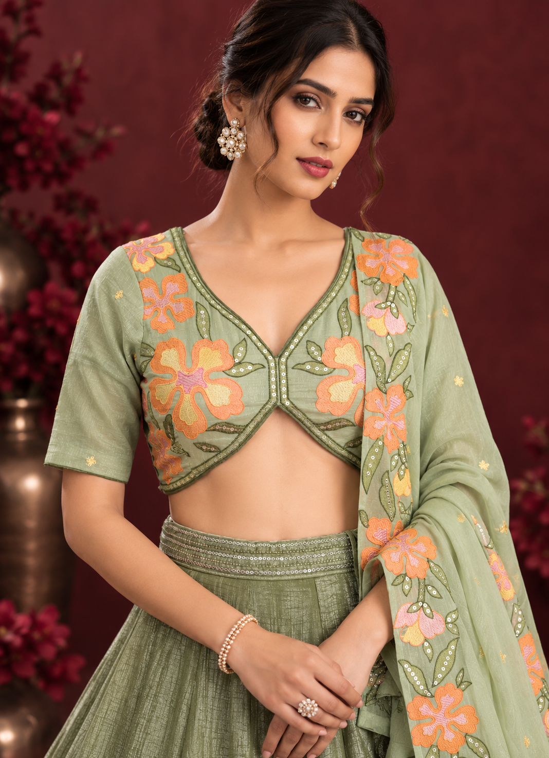 Pista Green Fendi Silk Lehenga Choli with Beads Sequin & Thread Embroidery