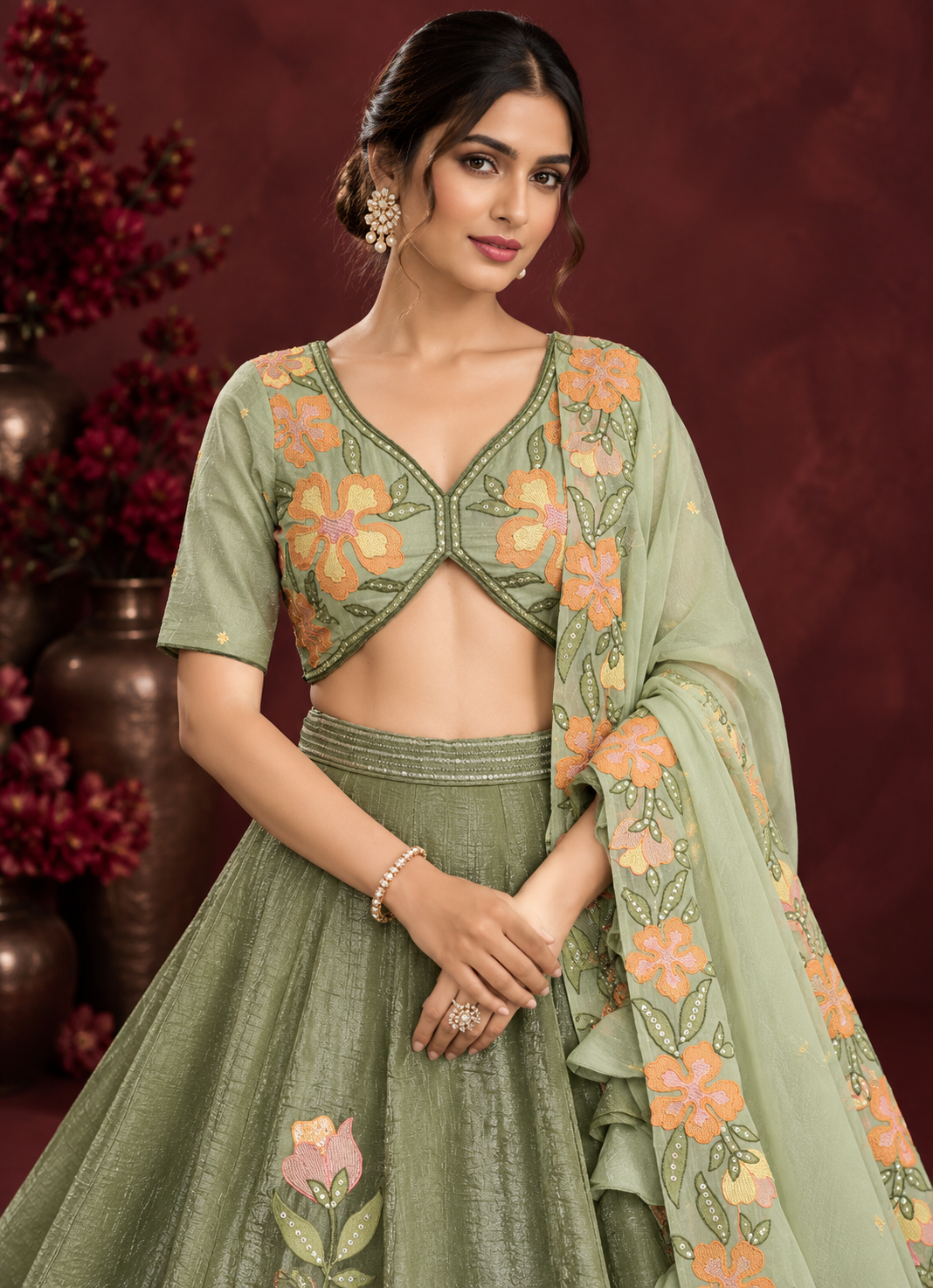 Pista Green Fendi Silk Lehenga Choli with Beads Sequin & Thread Embroidery