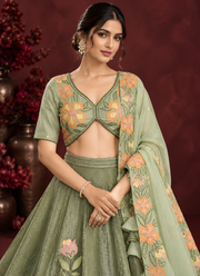 Pista Green Fendi Silk Lehenga Choli with Beads Sequin & Thread Embroidery