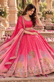 Ombre Pink Lehenga with Mirror and Peacock Motif Embroidery