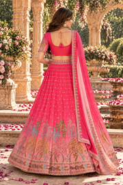 Ombre Pink Lehenga with Mirror and Peacock Motif Embroidery