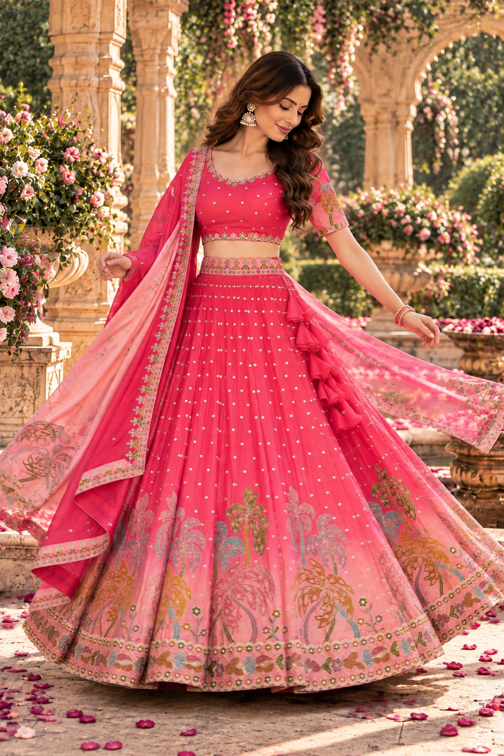 Ombre Pink Lehenga with Mirror and Peacock Motif Embroidery