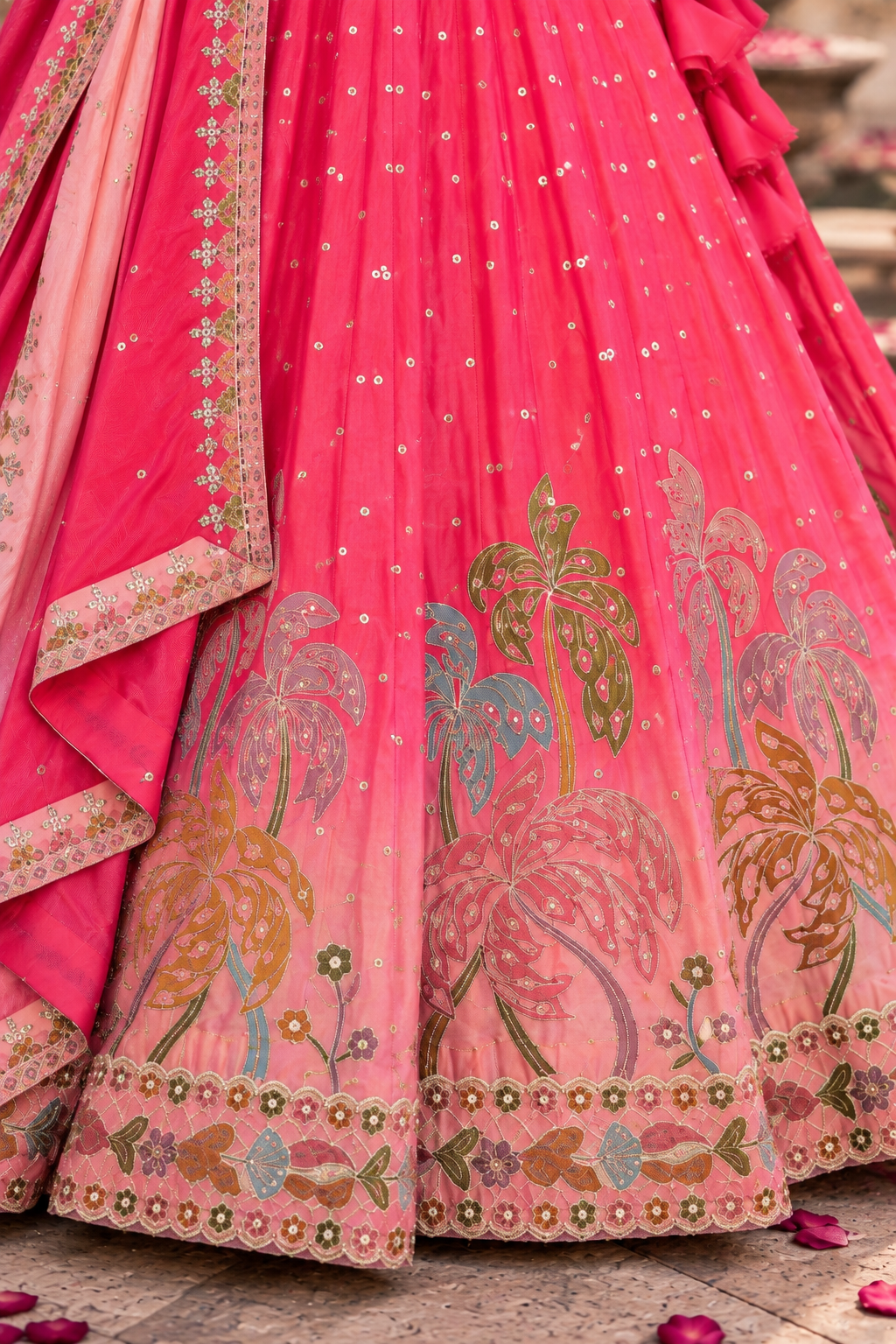 Ombre Pink Lehenga with Mirror and Peacock Motif Embroidery