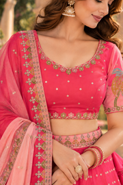 Ombre Pink Lehenga with Mirror and Peacock Motif Embroidery