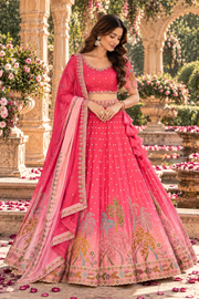 Ombre Pink Lehenga with Mirror and Peacock Motif Embroidery