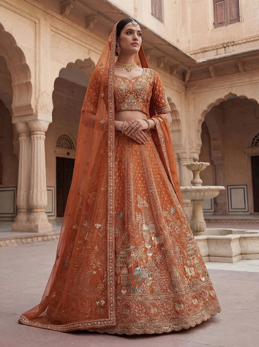 Orange Gadhwal Silk Elephant Embroidered Bridal Lehenga Choli with Double Dupatta