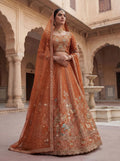 Orange Gadhwal Silk Elephant Embroidered Bridal Lehenga Choli with Double Dupatta