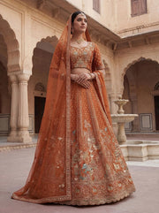 Orange Gadhwal Silk Elephant Embroidered Bridal Lehenga Choli with Double Dupatta