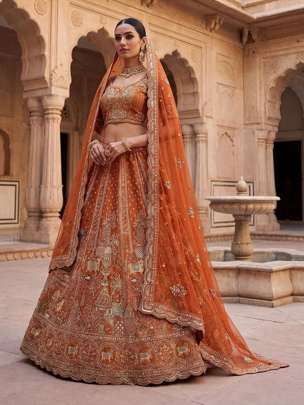 Orange Gadhwal Silk Elephant Embroidered Bridal Lehenga Choli with Double Dupatta