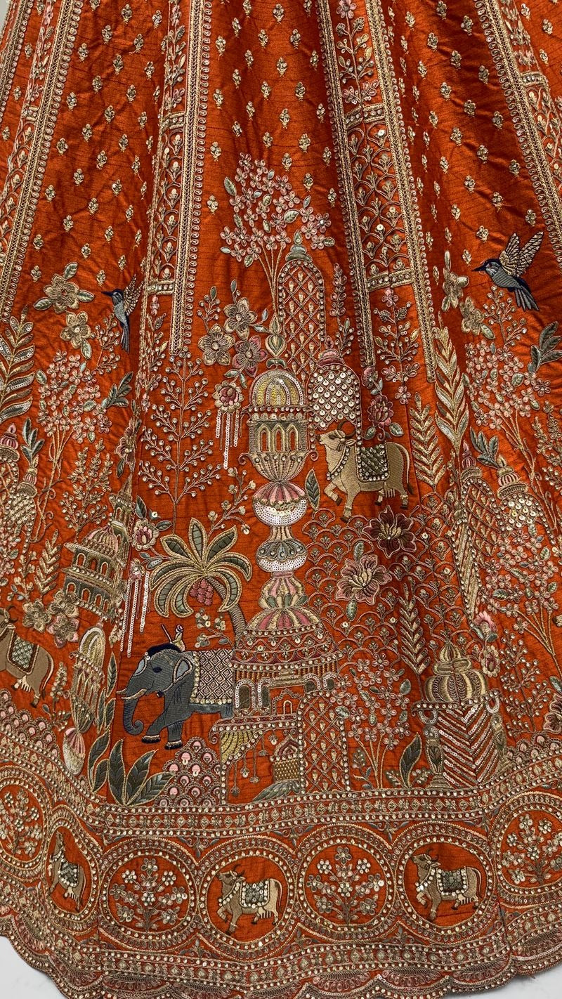 Orange Gadhwal Silk Elephant Embroidered Bridal Lehenga Choli with Double Dupatta