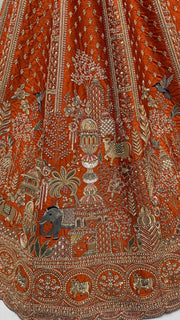 Orange Gadhwal Silk Elephant Embroidered Bridal Lehenga Choli with Double Dupatta