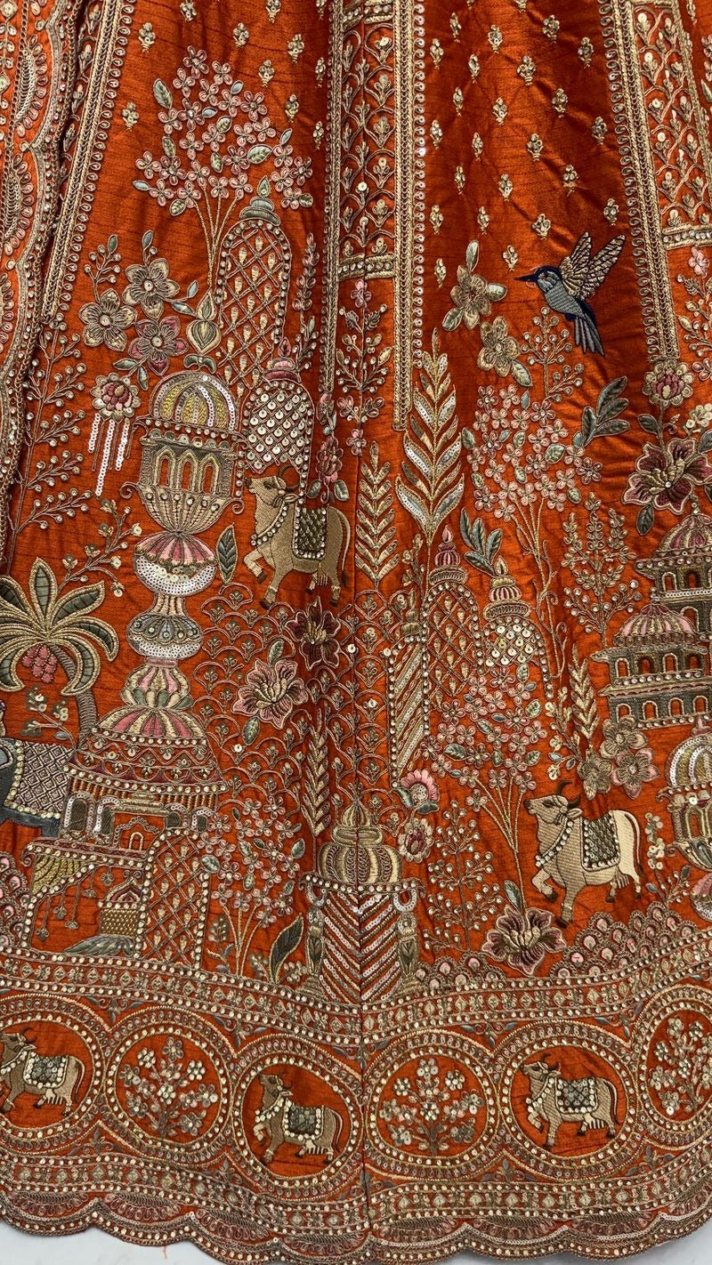 Orange Gadhwal Silk Elephant Embroidered Bridal Lehenga Choli with Double Dupatta