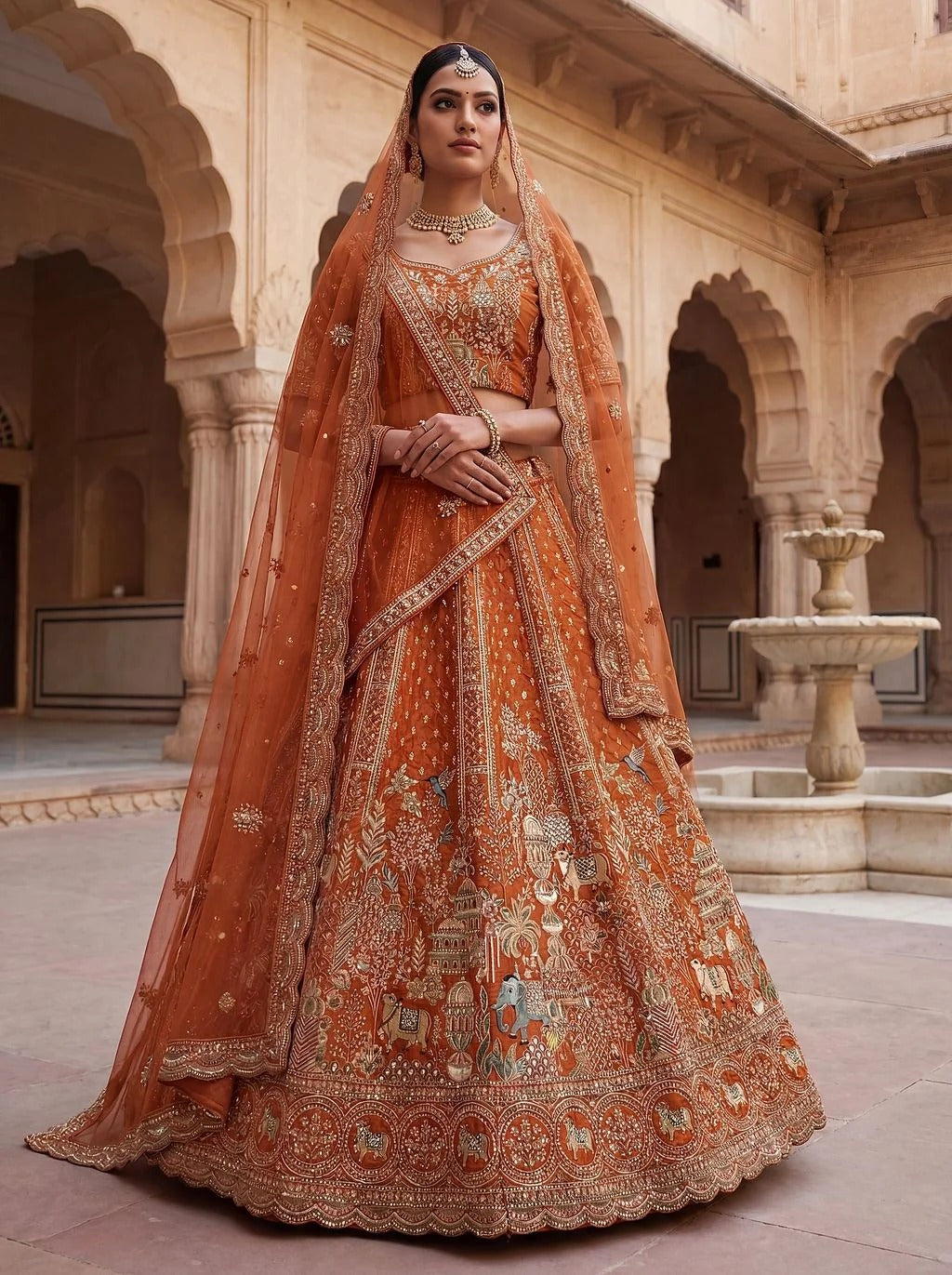 Orange Gadhwal Silk Elephant Embroidered Bridal Lehenga Choli with Double Dupatta