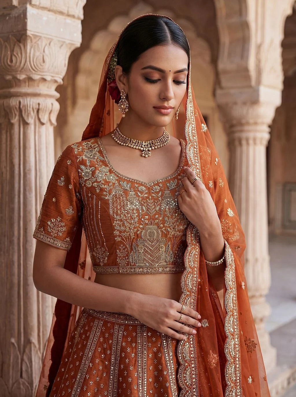 Orange Gadhwal Silk Elephant Embroidered Bridal Lehenga Choli with Double Dupatta