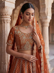 Orange Gadhwal Silk Elephant Embroidered Bridal Lehenga Choli with Double Dupatta