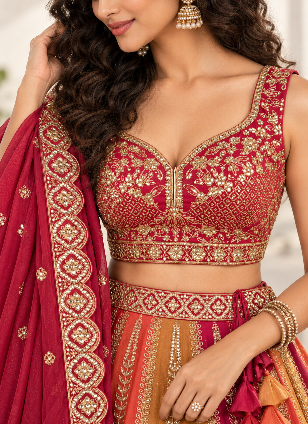 Orange & Yellow Embroidered Lehenga Set with Zari Work