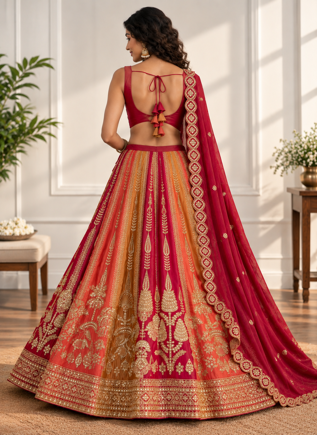 Orange & Yellow Embroidered Lehenga Set with Zari Work