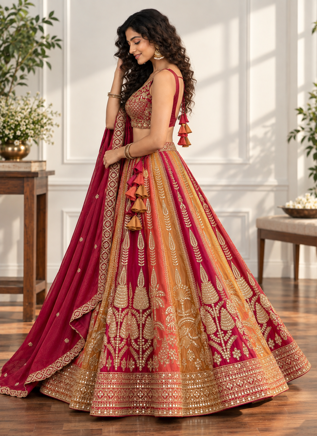 Orange & Yellow Embroidered Lehenga Set with Zari Work