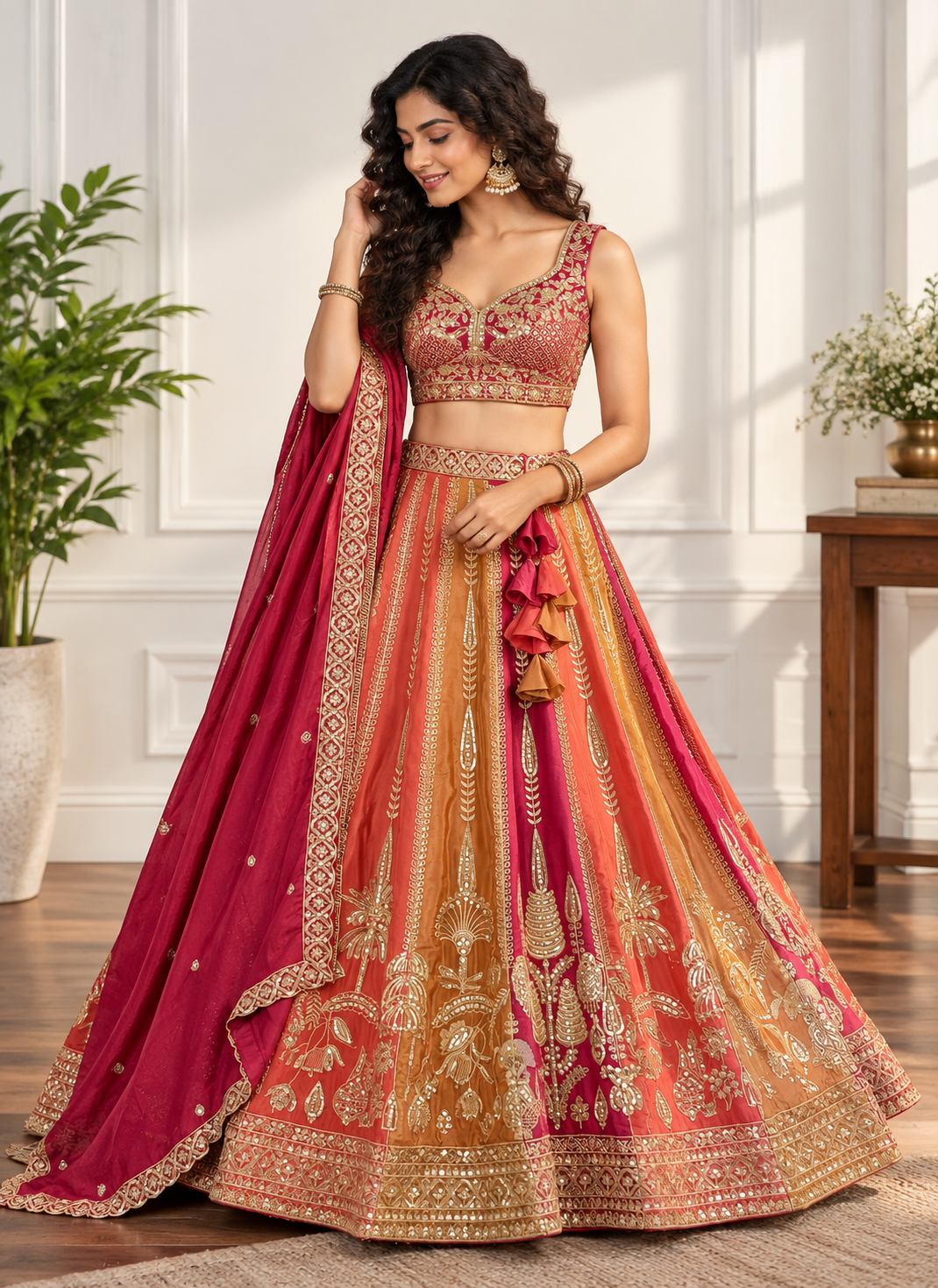Orange & Yellow Embroidered Lehenga Set with Zari Work