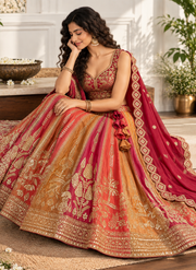 Orange & Yellow Embroidered Lehenga Set with Zari Work