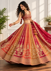 Orange & Yellow Embroidered Lehenga Set with Zari Work