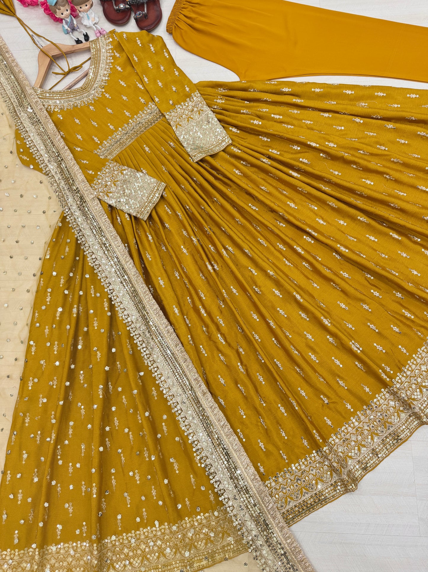 Elegant Chinon Silk Embroidered Anarkali Pant Set – Fully Stitched & Ready to Wear