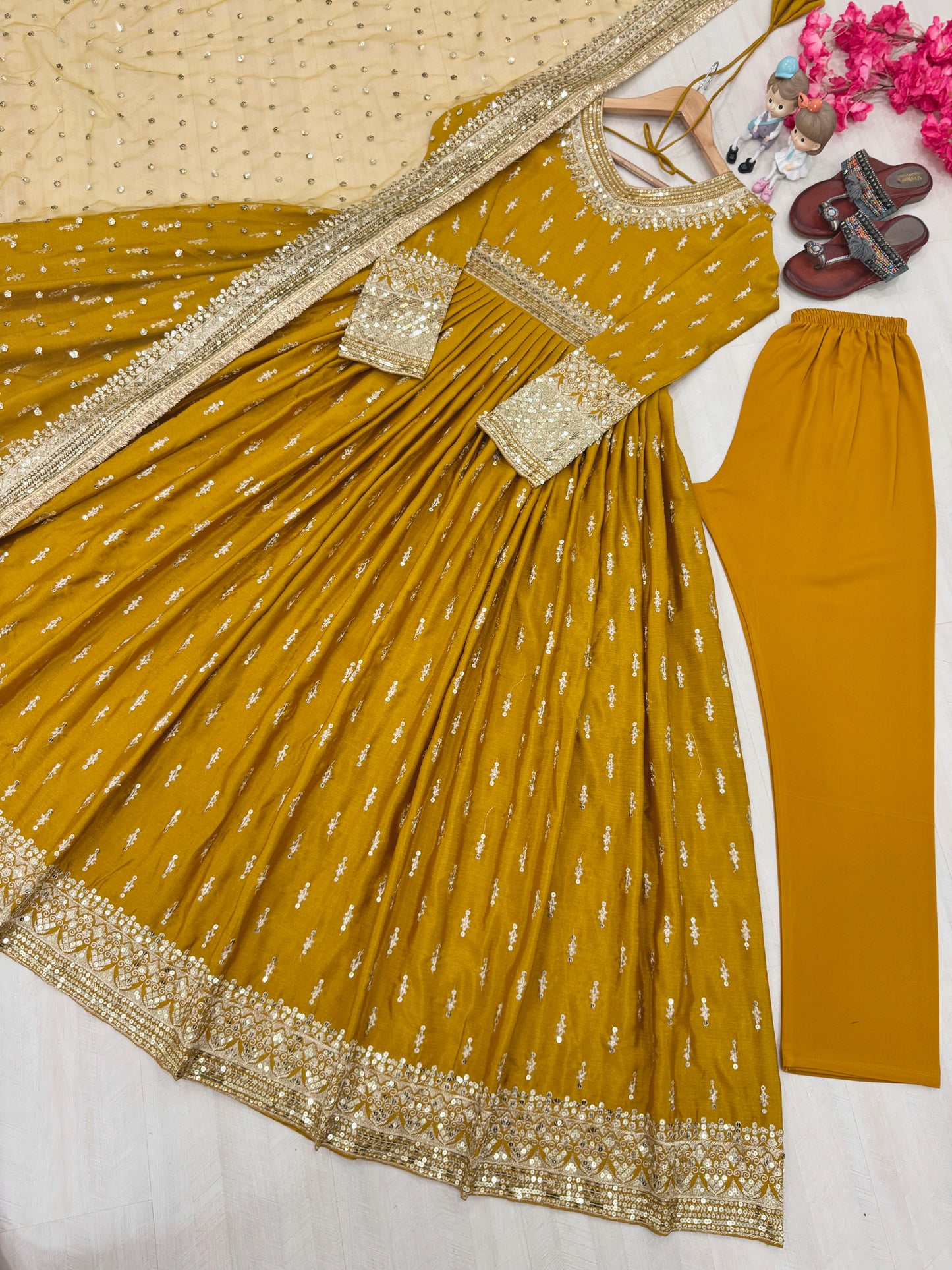 Elegant Chinon Silk Embroidered Anarkali Pant Set – Fully Stitched & Ready to Wear