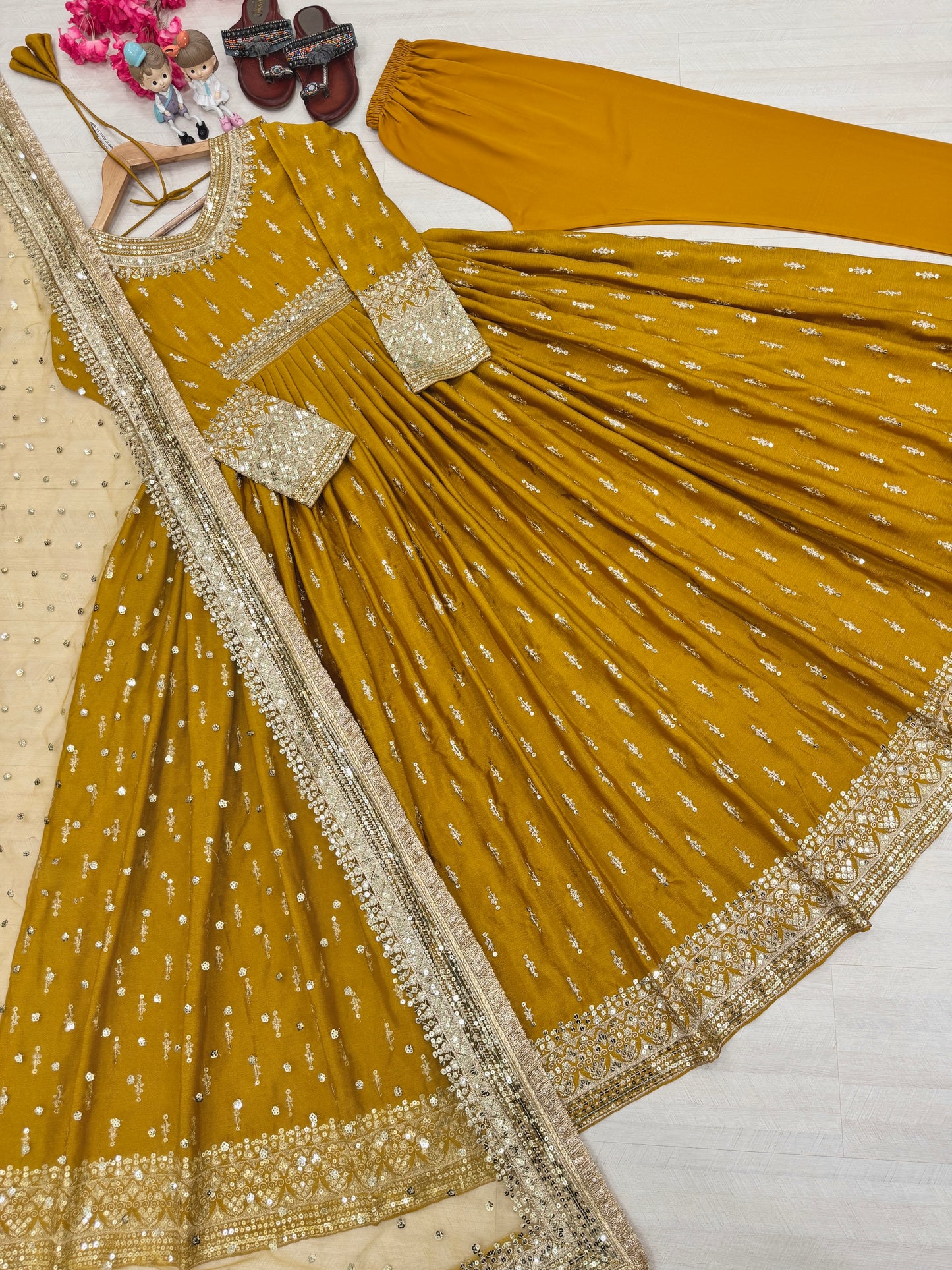 Elegant Chinon Silk Embroidered Anarkali Pant Set – Fully Stitched & Ready to Wear