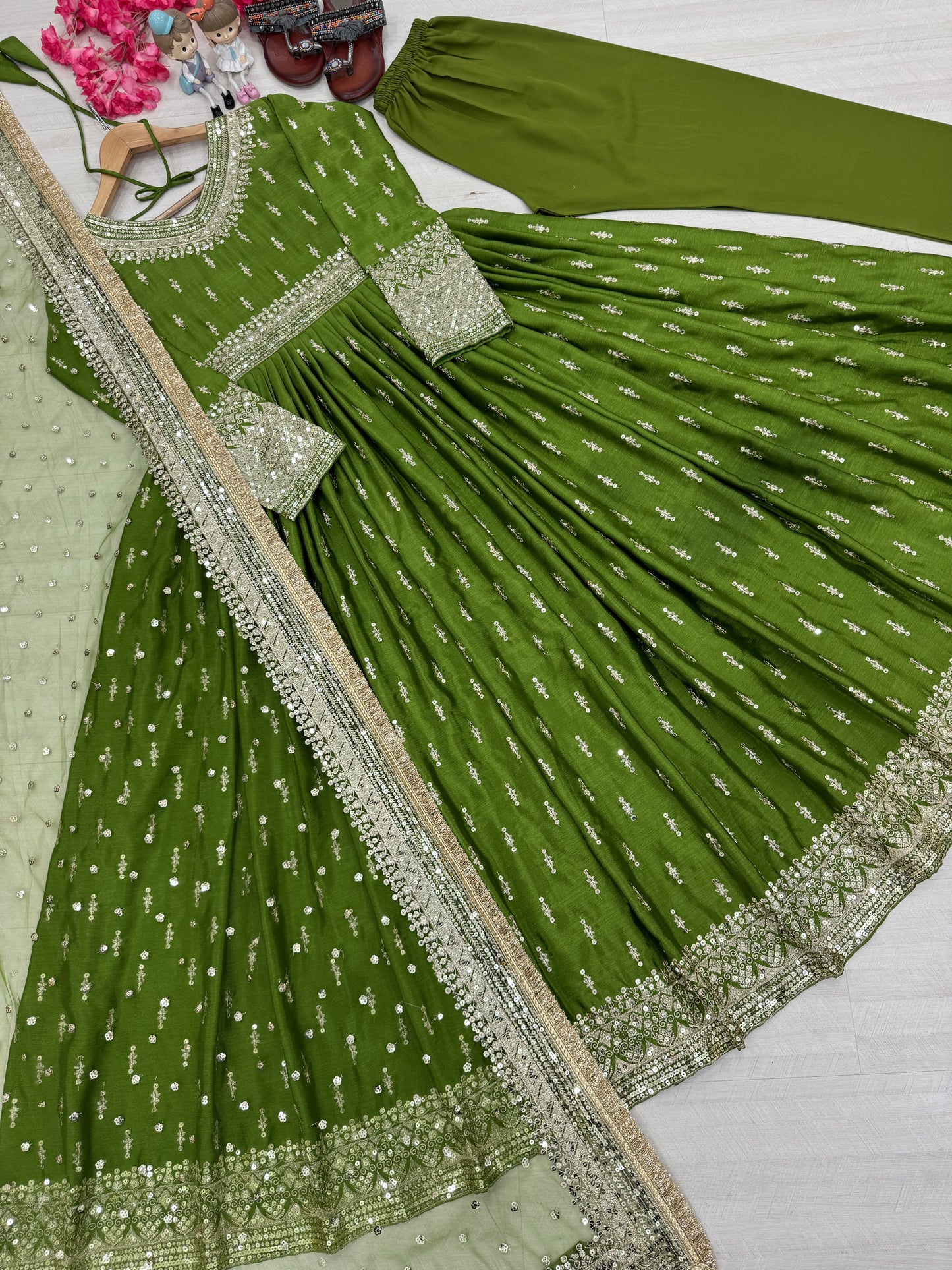 Elegant Chinon Silk Embroidered Anarkali Pant Set – Fully Stitched & Ready to Wear