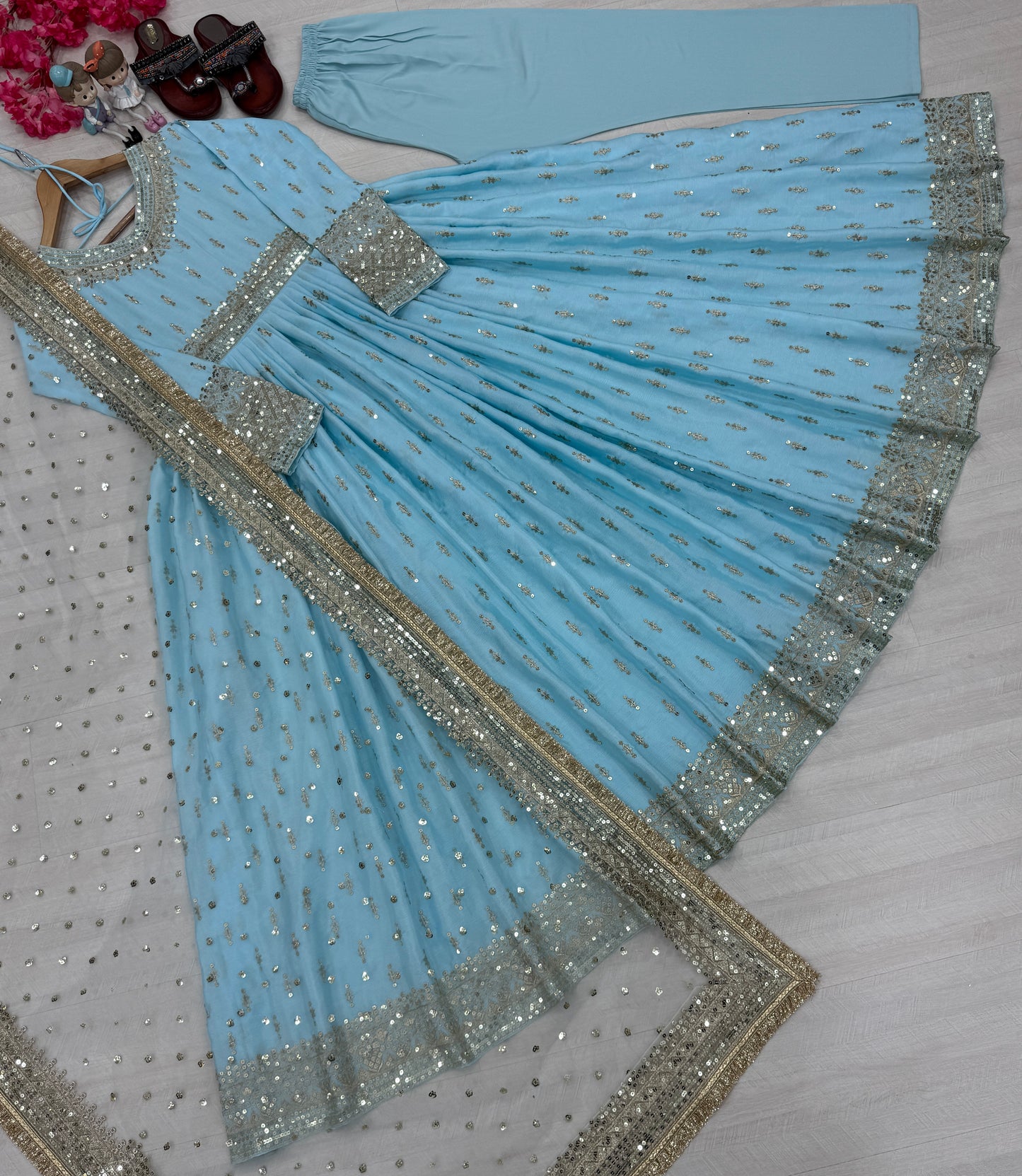 Elegant Chinon Silk Embroidered Anarkali Pant Set – Fully Stitched & Ready to Wear