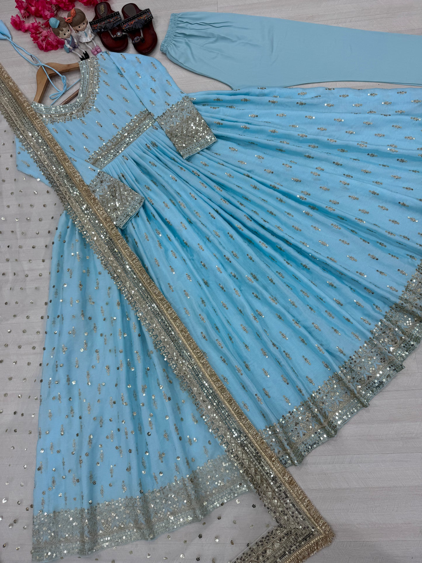 Elegant Chinon Silk Embroidered Anarkali Pant Set – Fully Stitched & Ready to Wear
