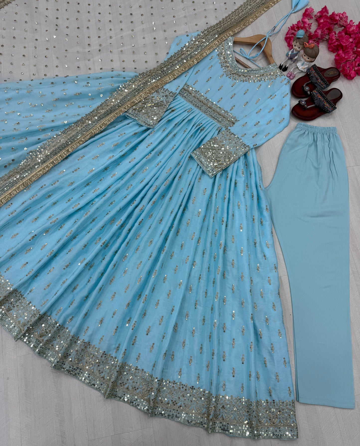 Elegant Chinon Silk Embroidered Anarkali Pant Set – Fully Stitched & Ready to Wear