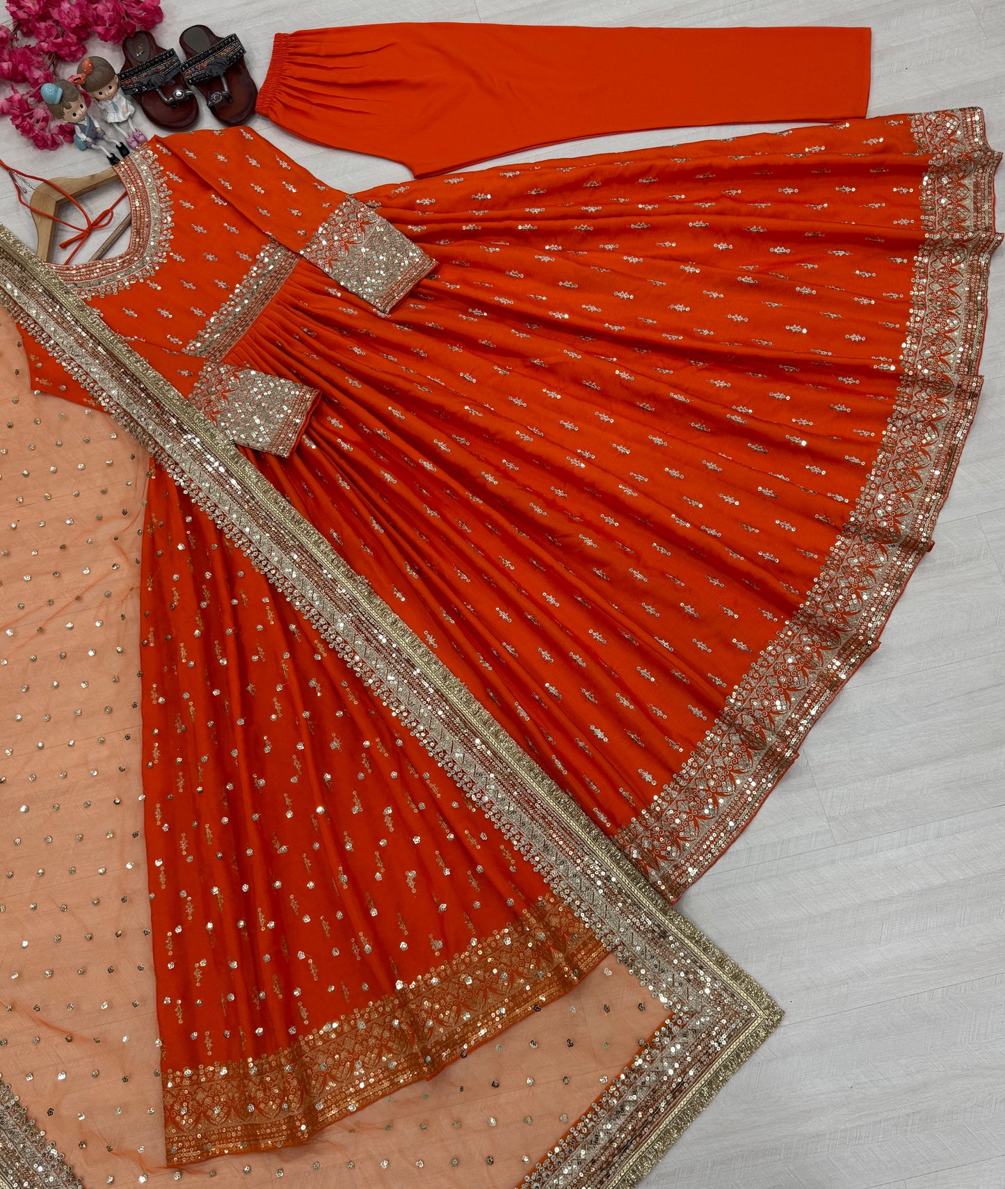 Elegant Chinon Silk Embroidered Anarkali Pant Set – Fully Stitched & Ready to Wear