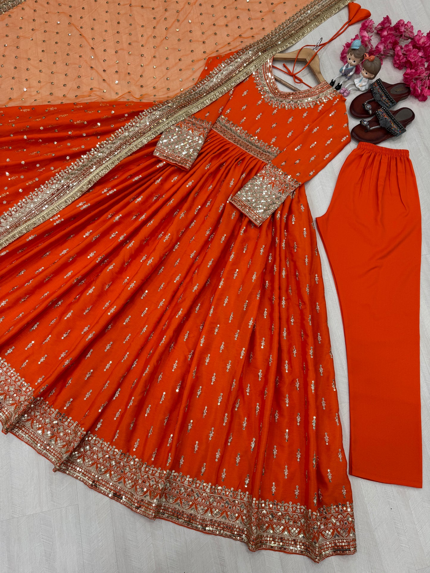 Elegant Chinon Silk Embroidered Anarkali Pant Set – Fully Stitched & Ready to Wear